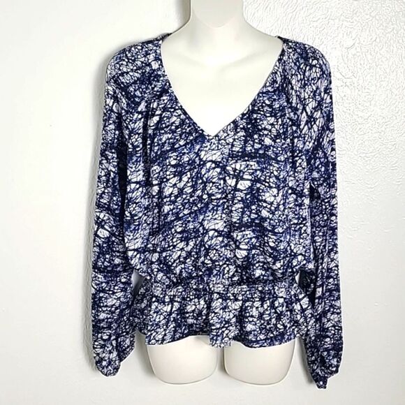 Michael Kors Navy Blue & White Abstract Print Peplum Top, Size Medium - Picture 1 of 7